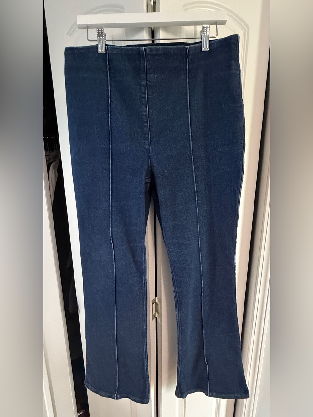Spanx Pull-On Flare Jeans Dark Indigo XL Tall Seamed Front Crop Flare